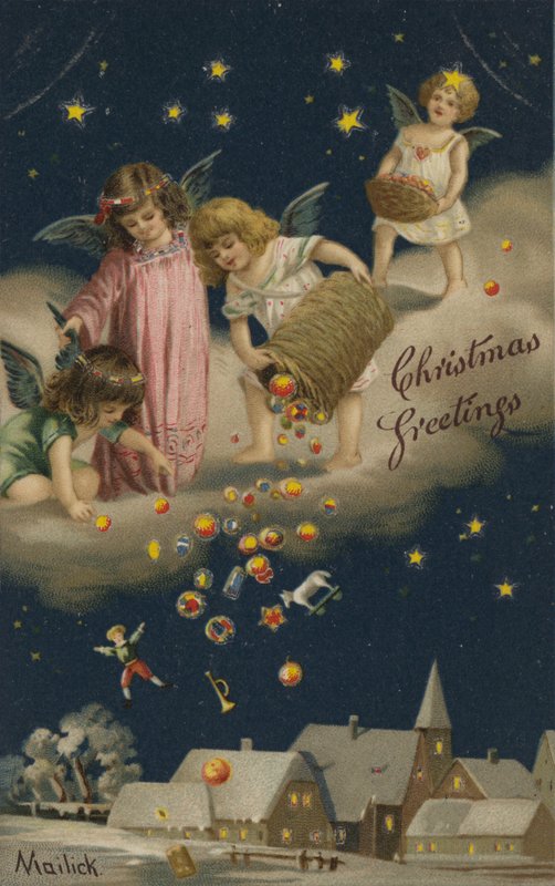 Angyalok karácsonyi ajándékokat szórnak a földre (chromolitho) alkotó: English School