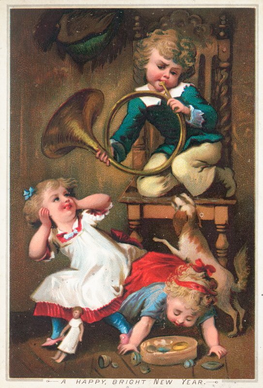 Fiú kürtöt fúj, újévi kártya alkotó: English School