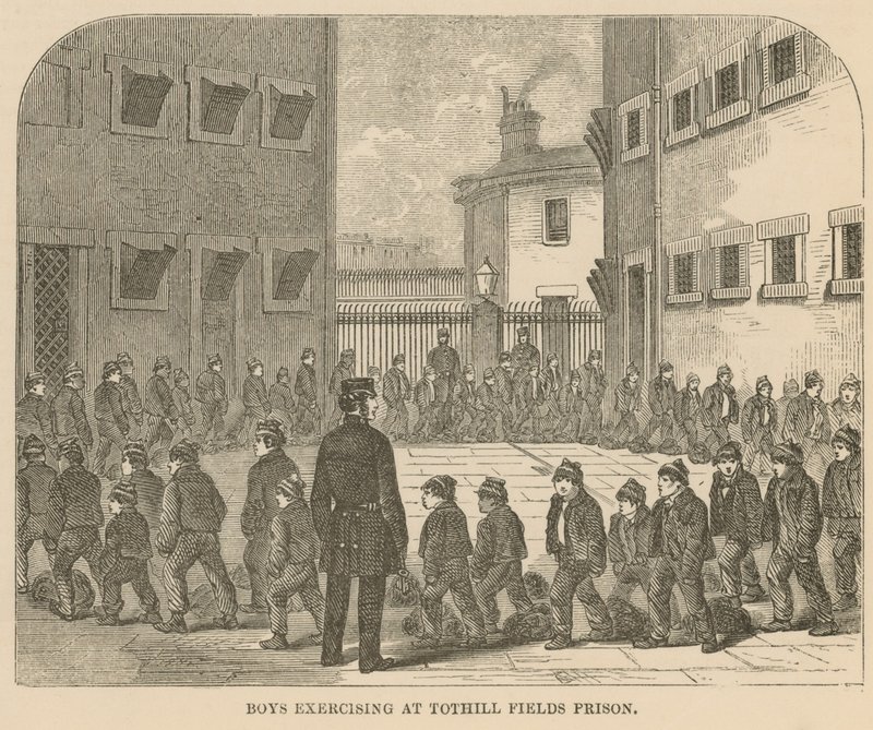 Fiúk tornáznak a Tothill Fields börtönben alkotó: English School