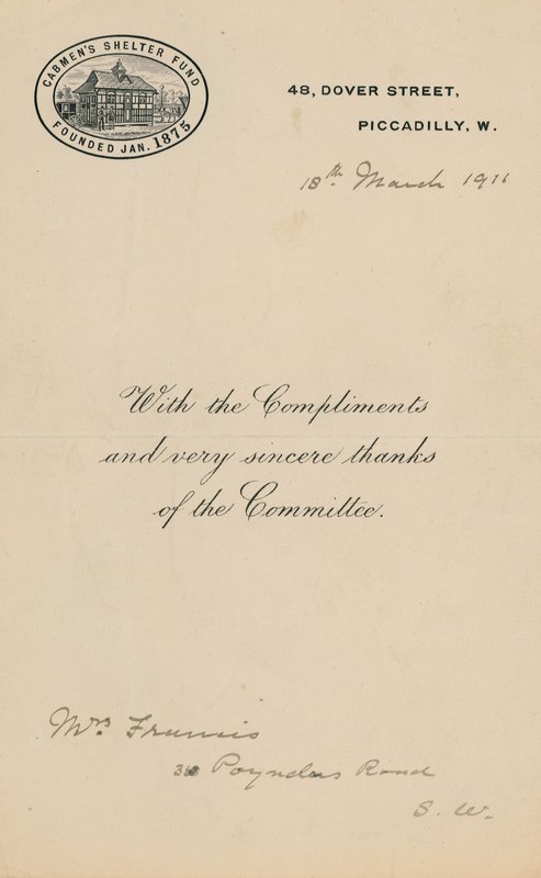 Cabmens Shelter Fun, alapítva 1875 januárjában. Levél alkotó: English School