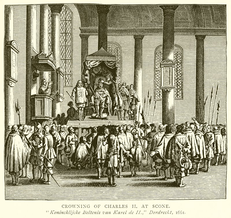 II. Károly megkoronázása Scone-ban alkotó: English School