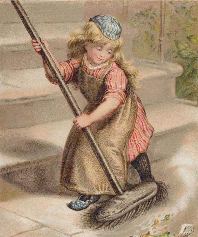 Lány seprűvel söpröget (chromolitho) alkotó: English School
