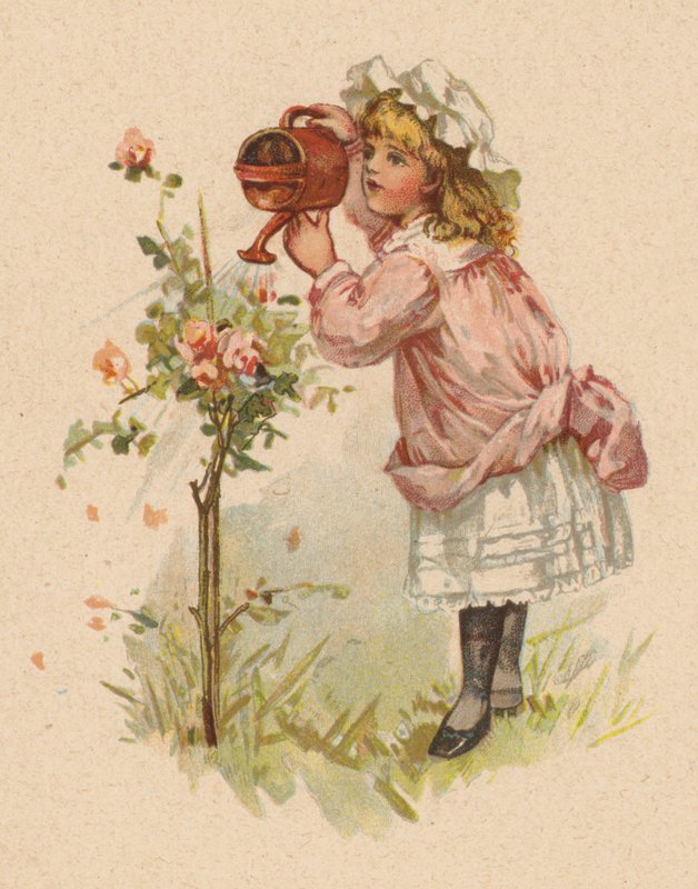 Rózsát öntöző lány (chromolitho) alkotó: English School