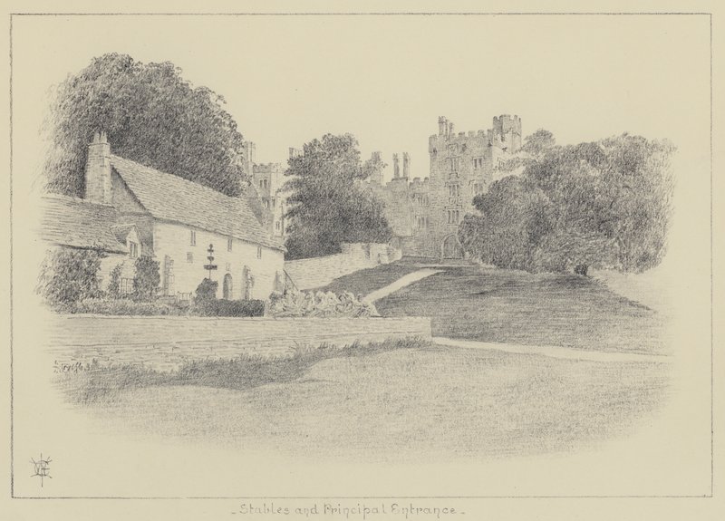 Haddon Hall, istállók és főbejárat (litho) alkotó: English School