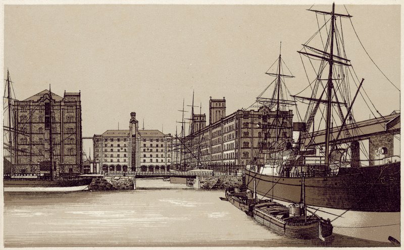 Liverpool: Waterloo Dock és gabonaraktárak (litho) alkotó: English School
