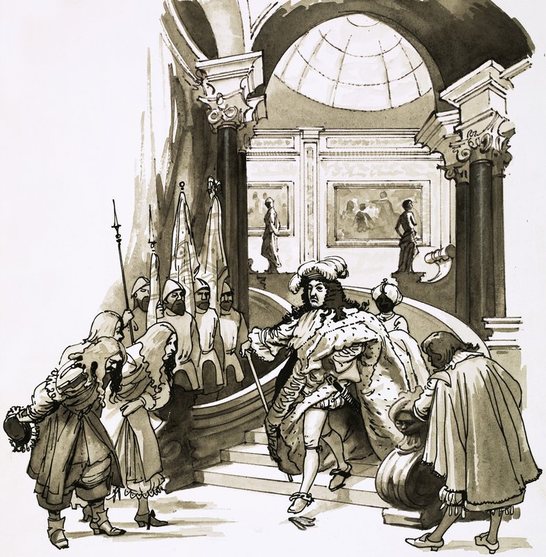 XIV. Lajos lefelé a lépcsőn Versailles-ban alkotó: English School