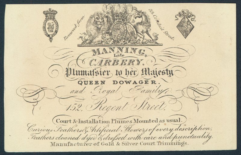 Manning, néhai Carnery, plumassier, kereskedelmi kártya alkotó: English School