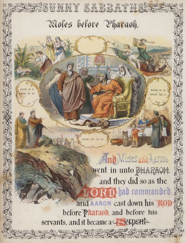 Mózes a fáraó előtt (színes metszet) alkotó: English School