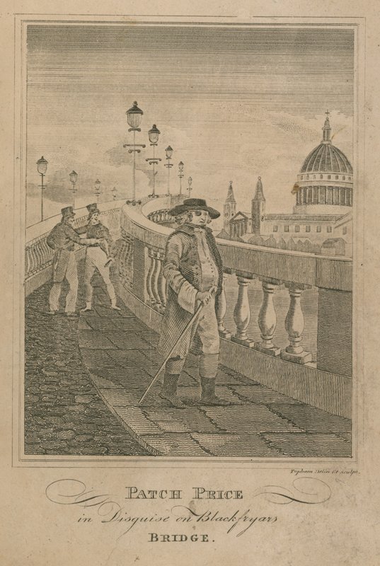 Patch Price álruhában a Blackfriars Bridge-en alkotó: English School