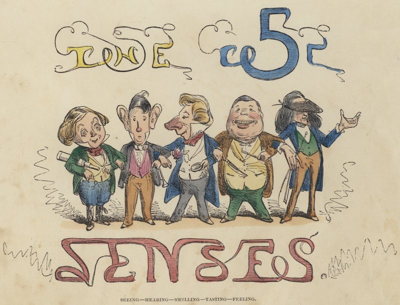 Látás, hallás, szaglás, kóstolás, tapintás (színes metszet) alkotó: English School