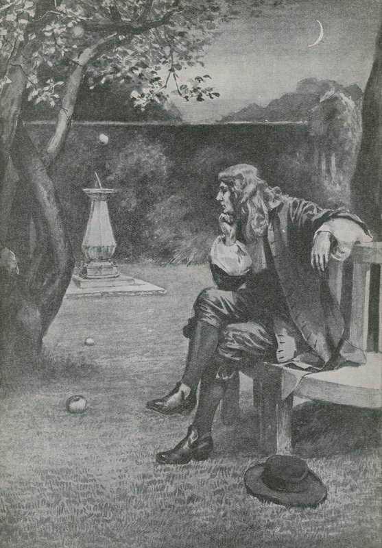 Sir Isaac Newton egy almát lát lehullani alkotó: English School