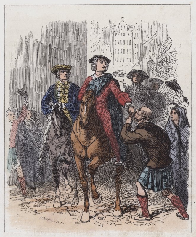The Young Chevalier belépve Edinburghba (színes metszet) alkotó: English School