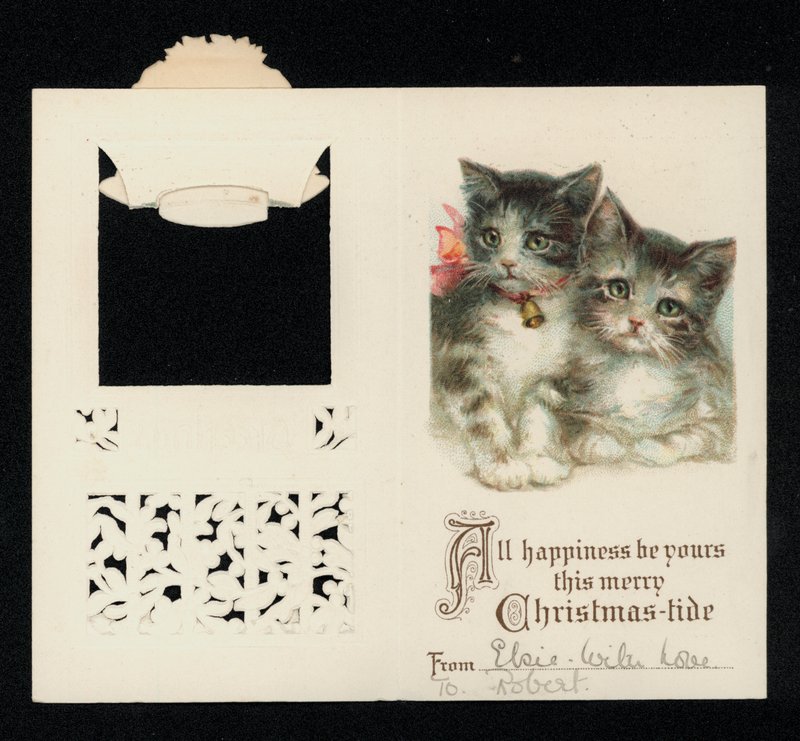 Két cica, karácsonyi üdvözlőlap. (chromolitho) alkotó: English School