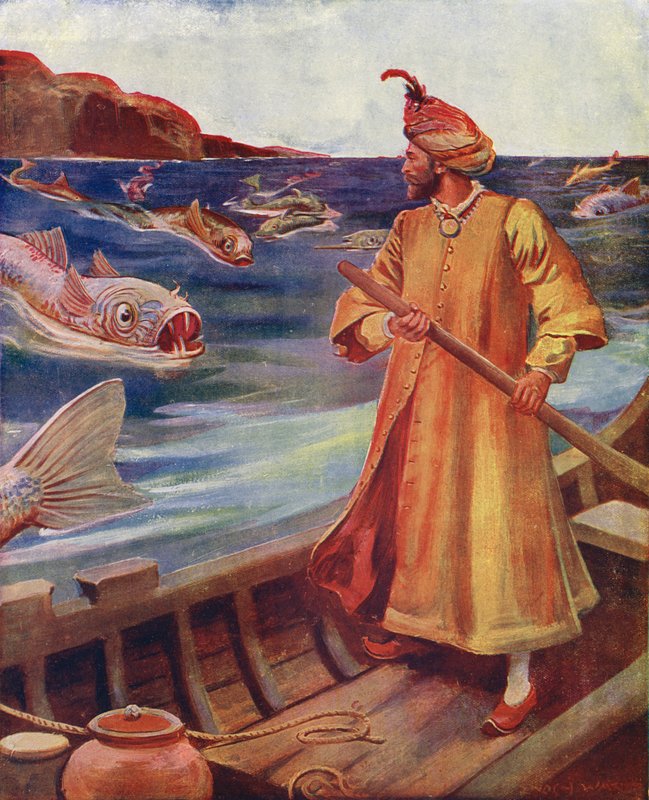 Szindbád látja a hatalmas halakat (színes litográfia) alkotó: Enoch Ward