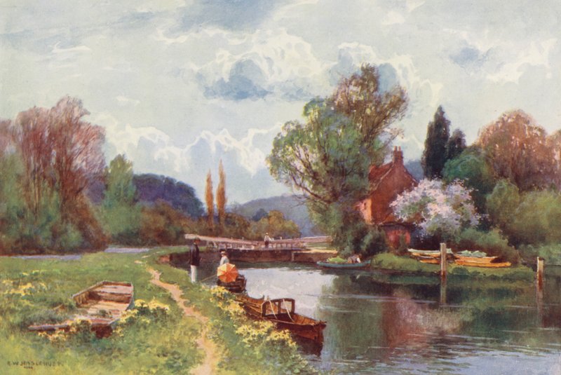 Temze folyó: Hurley Lock (színes litográfia) alkotó: Ernest William Haslehust