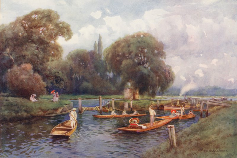 Temze folyó: Molesey Lock (színes litográfia) alkotó: Ernest William Haslehust