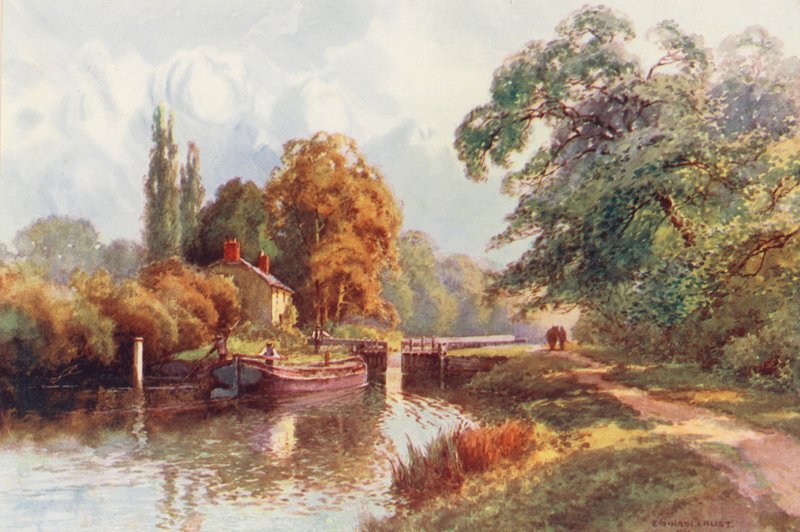 Temze folyó: Sonning Lock (színes litográfia) alkotó: Ernest William Haslehust