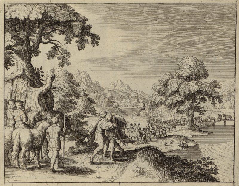 Jákob és Ézsau kibékülése (metszet) alkotó: European School