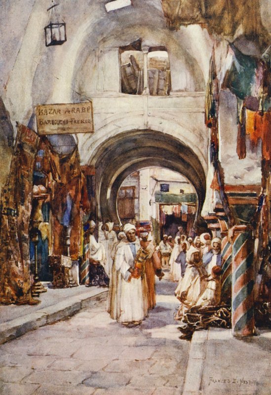 Souk des Etoffes, Tunisz (színes litográfia) alkotó: Frances Nesbitt