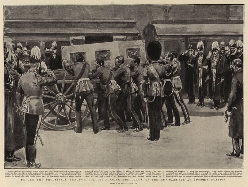 A londoni körmenet előtt a koporsó felhelyezése a fegyverkocsira a Victoria pályaudvaron alkotó: Frank Dadd