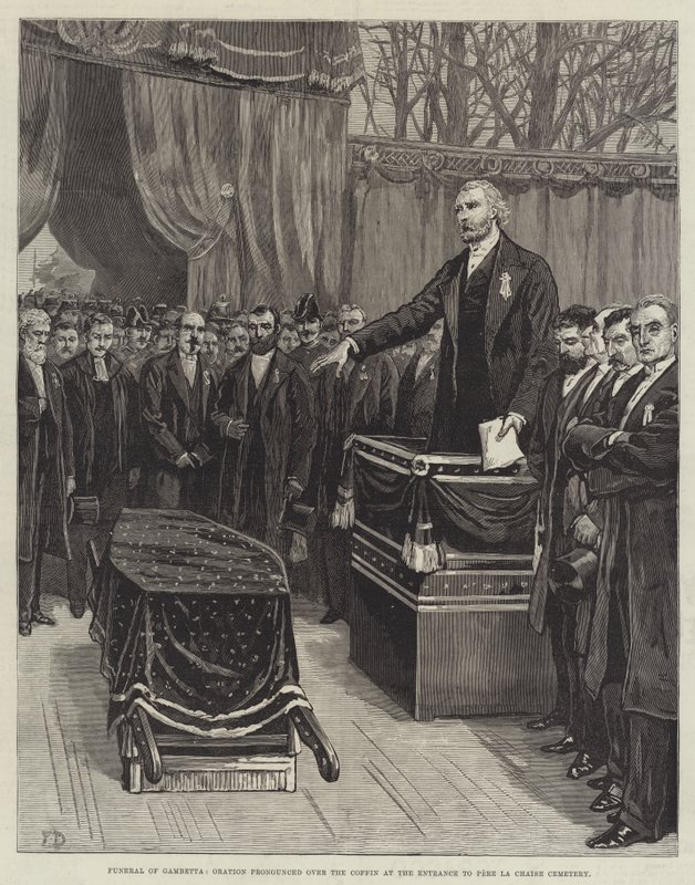 Gambetta temetése, szónoklat a koporsó felett a Pere La Chaise temető bejáratánál alkotó: Frank Dadd