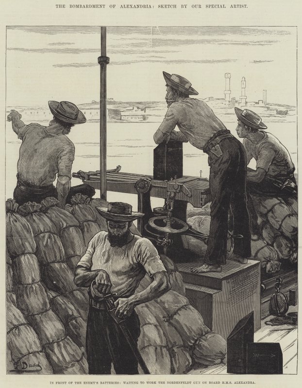 Alexandria bombázása az ellenség ütegei előtt, arra várva, hogy a HMS Alexandra fedélzetén dolgozhasson a Nordenfeldt fegyverrel alkotó: Frank Dadd