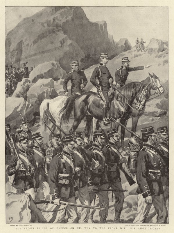 Görögország koronahercege a frontra tart a tábori segédeivel alkotó: Frank Dadd