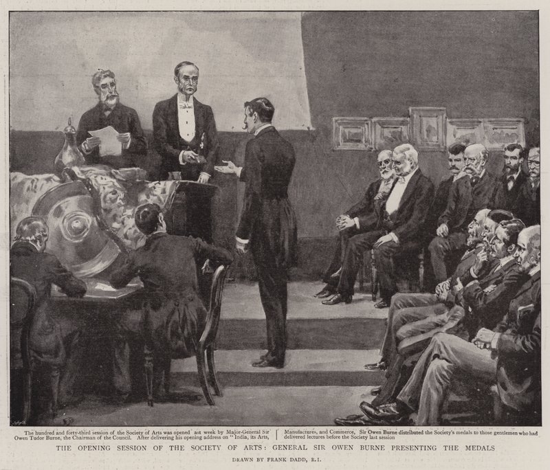 A Művészeti Társaság nyitóülése, Sir Owen Burne tábornok átadja az érmeket alkotó: Frank Dadd