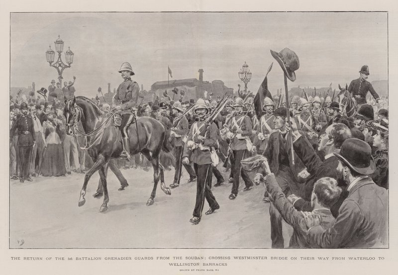Az 1. Grenadier Gárda zászlóalj visszatérése a Szudánból a Westminster hídon átkelve, útban Waterloo-tól a Wellington laktanyába. alkotó: Frank Dadd
