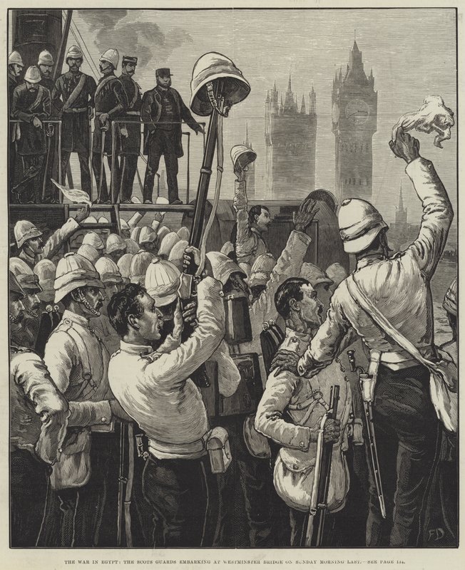 Az egyiptomi háború, a skót gárda a Westminster Bridge-nél száll be vasárnap reggel alkotó: Frank Dadd
