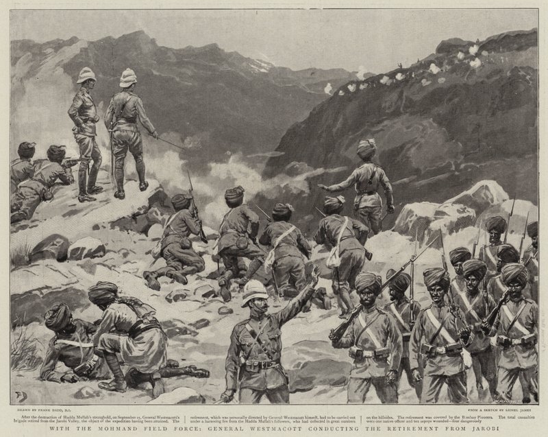 A Mohmand Field Force, Westmacott tábornok vezeti a visszavonulást Jarobiból alkotó: Frank Dadd