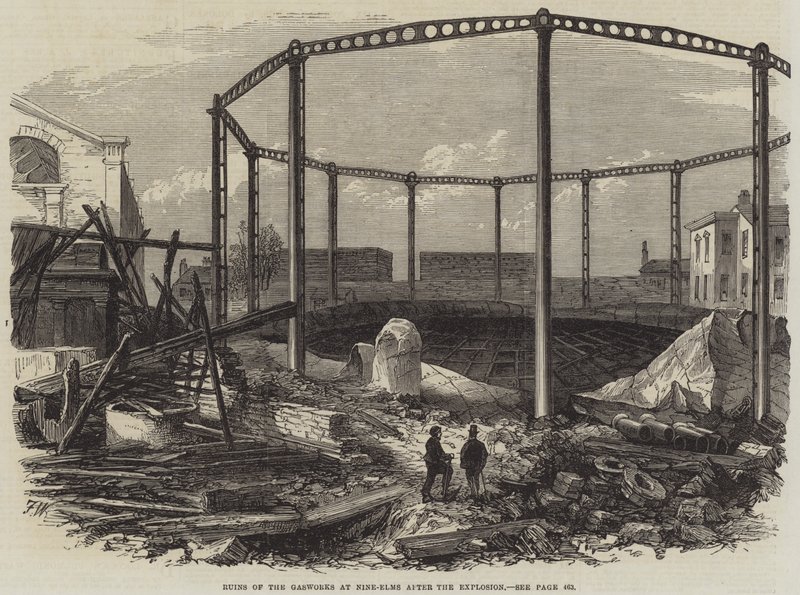 A Nine-Elms-i Gázművek romjai a robbanás után alkotó: Frank Watkins