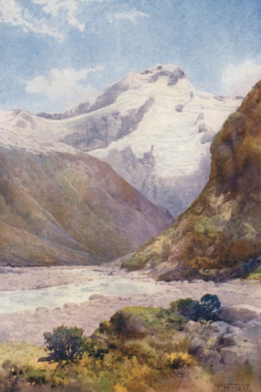 Új-Zéland: Mount Sefton (színes litográfia) alkotó: Frank H Wright