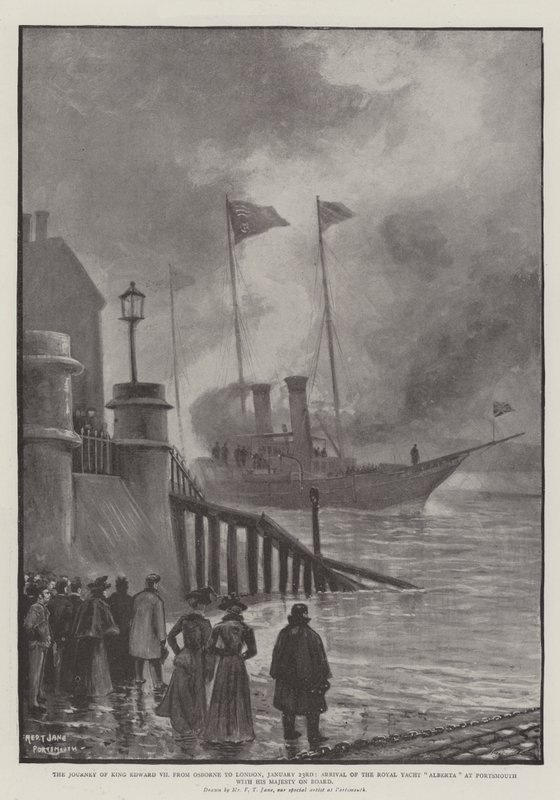 VII. Edward király utazása Osborne-ból Londonba, január 23., az Alberta királyi jacht megérkezése Portsmouthba, Őfelsége a fedélzetén alkotó: Fred T. Jane