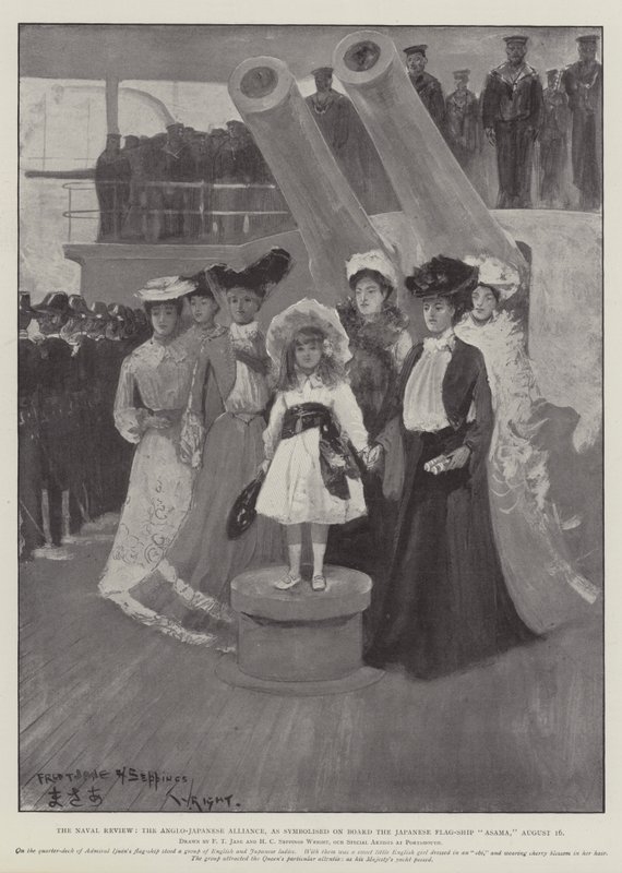 A Naval Review, az angol-japán szövetség, az Asama japán zászlóshajó fedélzetén, augusztus 16-án. alkotó: Fred T. Jane