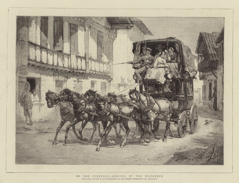 A Pireneusokban, a Diligence megérkezése alkotó: Frederick Arthur Bridgman