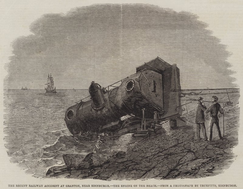 A közelmúltban történt vasúti baleset Grantonban, Edinburgh közelében, a motor a tengerparton alkotó: Frederick Morgan