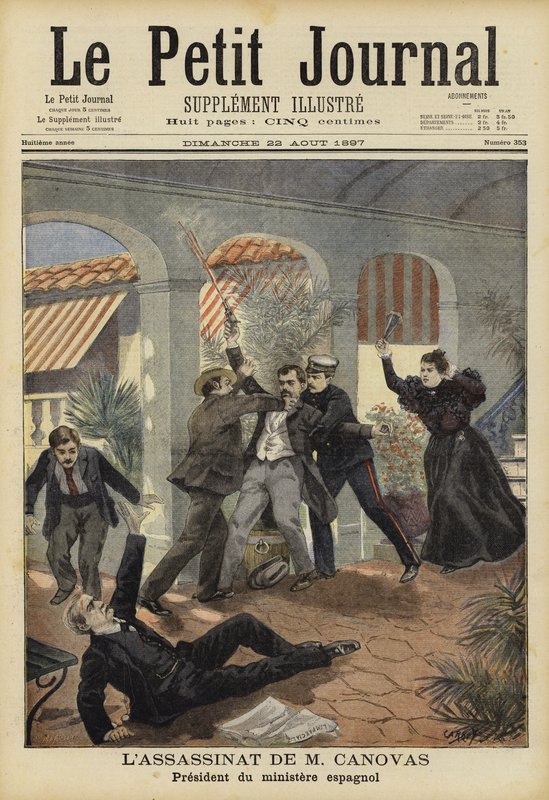 Antonio Canovas del Castillo, Spanyolország miniszterelnökének meggyilkolása 1897. augusztus 8-án alkotó: French School
