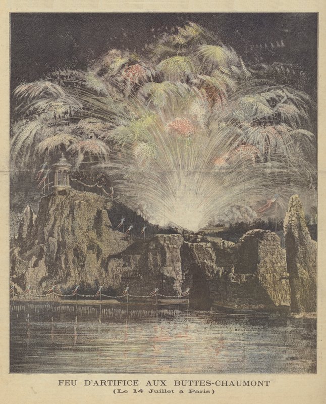 Bastille-napi tűzijáték a Parc des Buttes-Chaumont-ban, Párizsban alkotó: French School