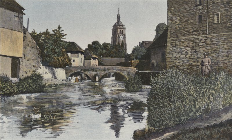 Arbois, templom és híd a Cuisance felett alkotó: French Photographer