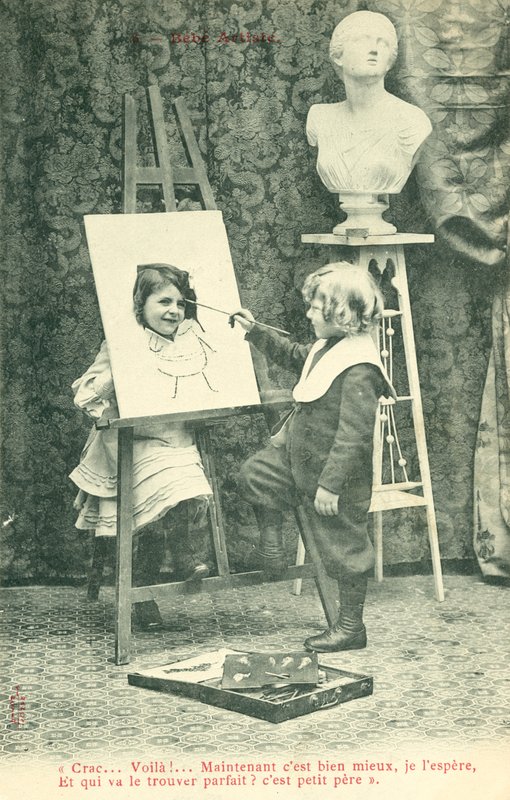 Gyerekek festészet, lány fejjel a vásznon keresztül alkotó: French Photographer