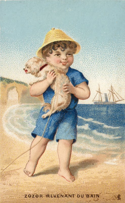 Fiú kutyával a strandon alkotó: French School