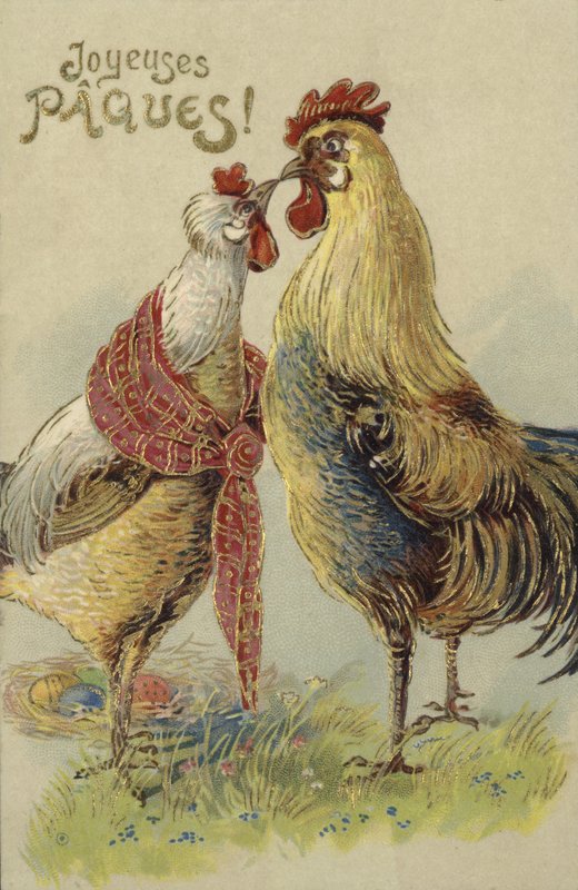 Húsvéti üdvözlőlap csirkékkel (színes litó) alkotó: French School