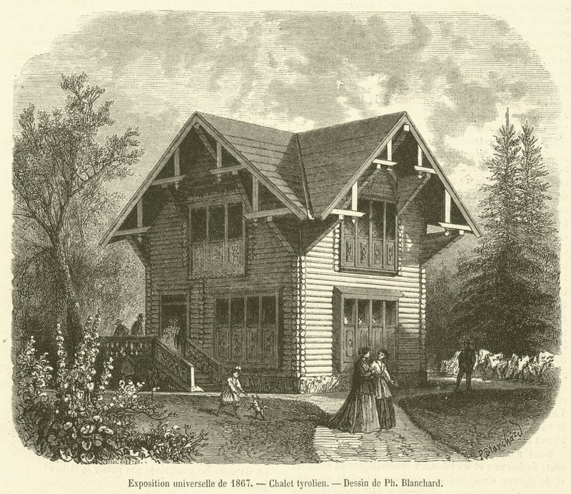1867. évi egyetemes kiállítás, tiroli faház (metszet) alkotó: French School