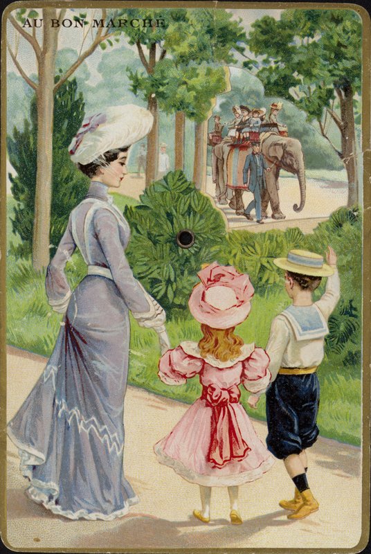 Hölgy és gyerekek integetnek az Elephant Ride-on alkotó: French School