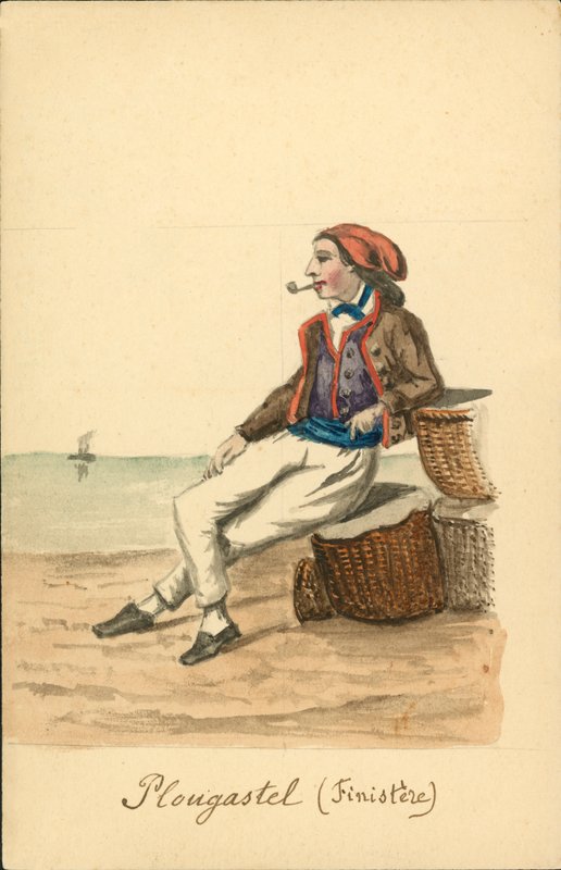 Plougastel-i férfi viselet, Finistere (színes litográfia) alkotó: French School