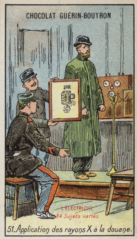Röntgen használata a vámnál (chromolitho) alkotó: French School