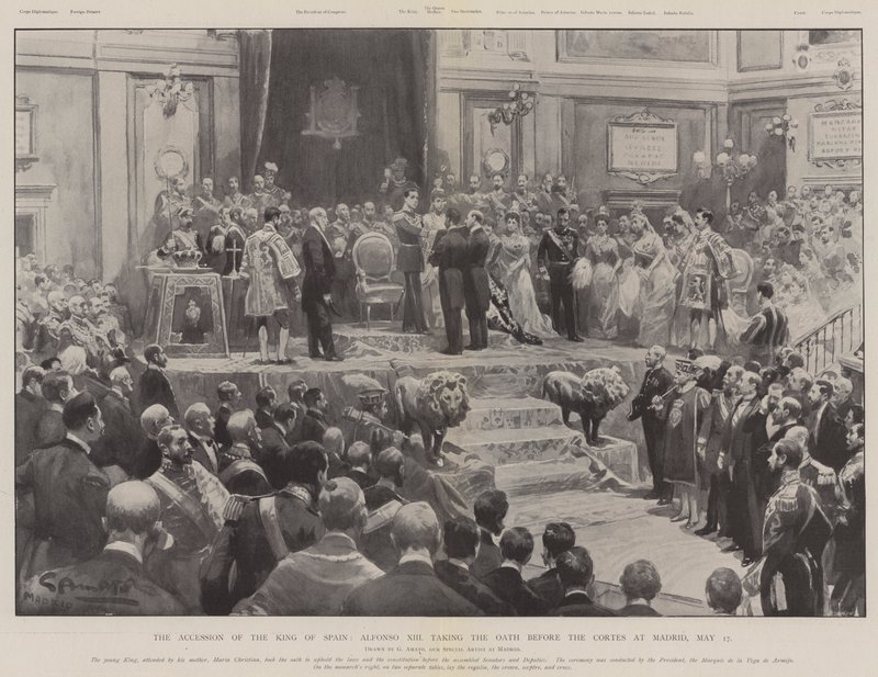 A spanyol király csatlakozása, XIII. Alfonz esküt tesz a Cortes előtt Madridban, május 17. alkotó: G.S. Amato