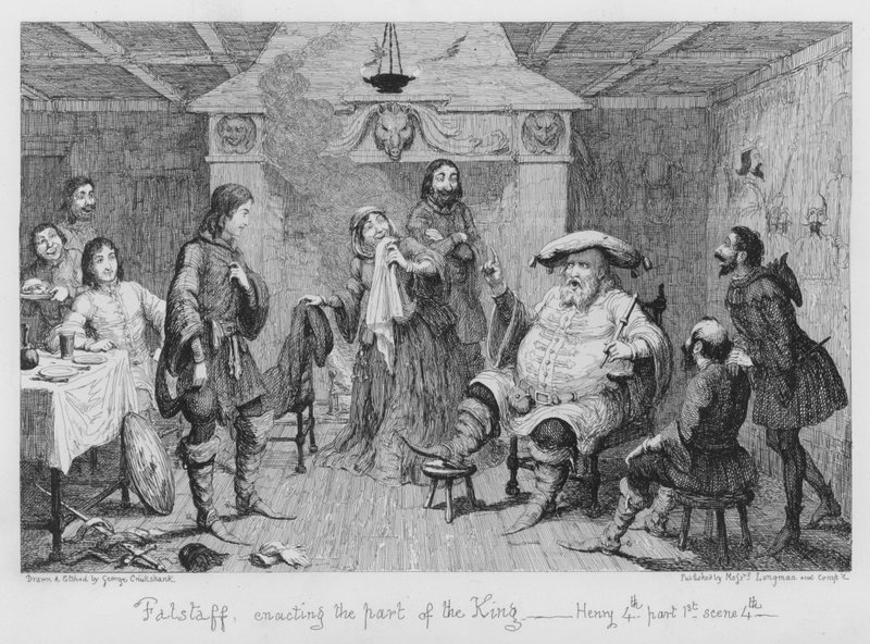 Falstaff a király szerepét játssza. alkotó: George Cruikshank