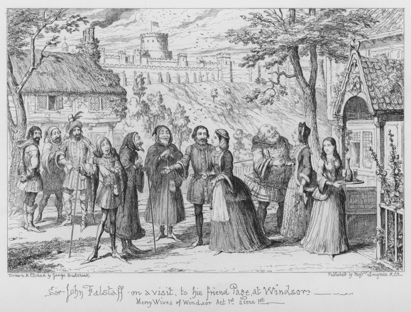 Sir John Falstaff egy látogatáson, barátjánál, Page-nél, Windsorban. alkotó: George Cruikshank